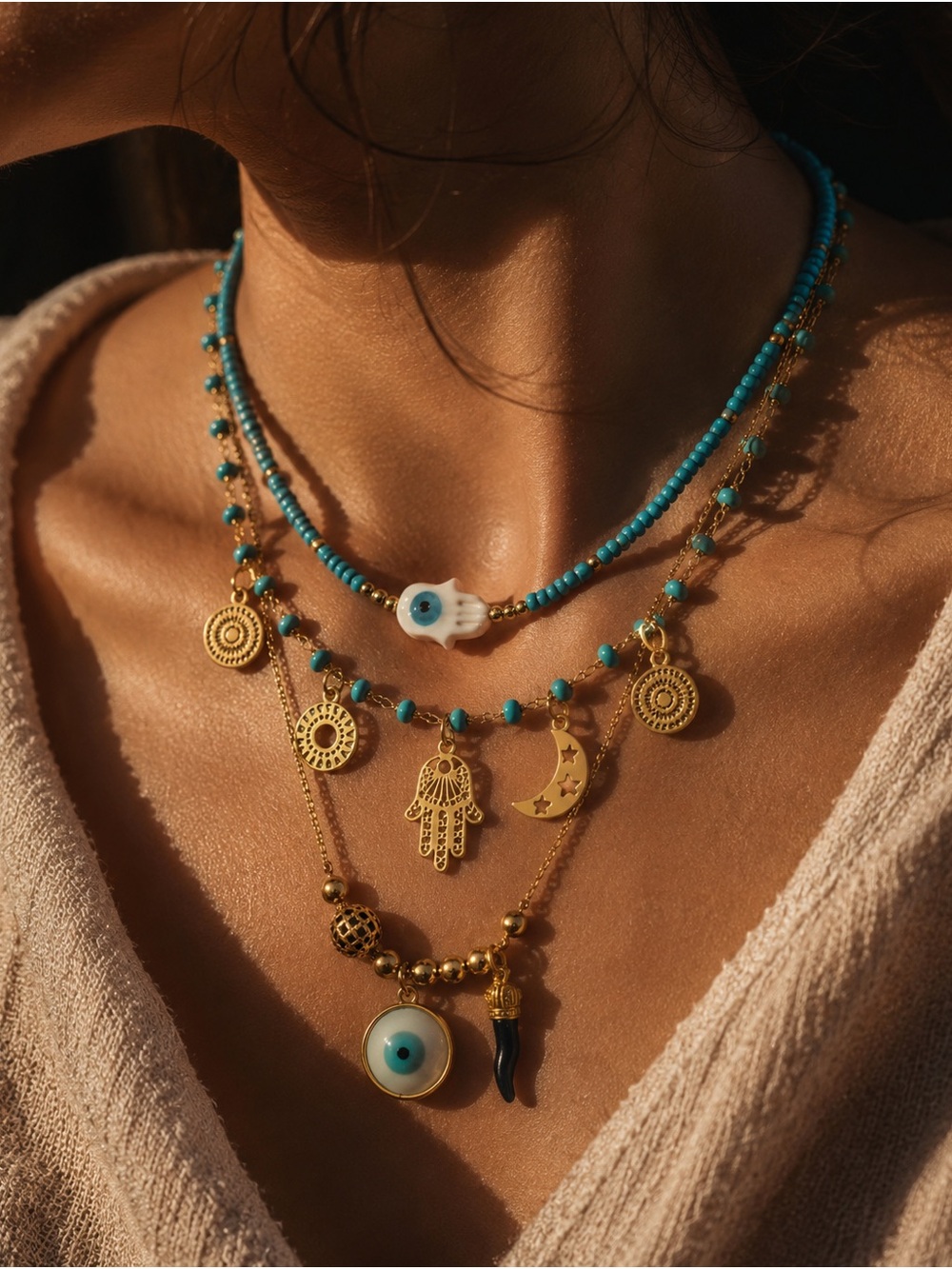 Gold Tone Turquoise Evil Eye Hamsa Layered Necklace Set